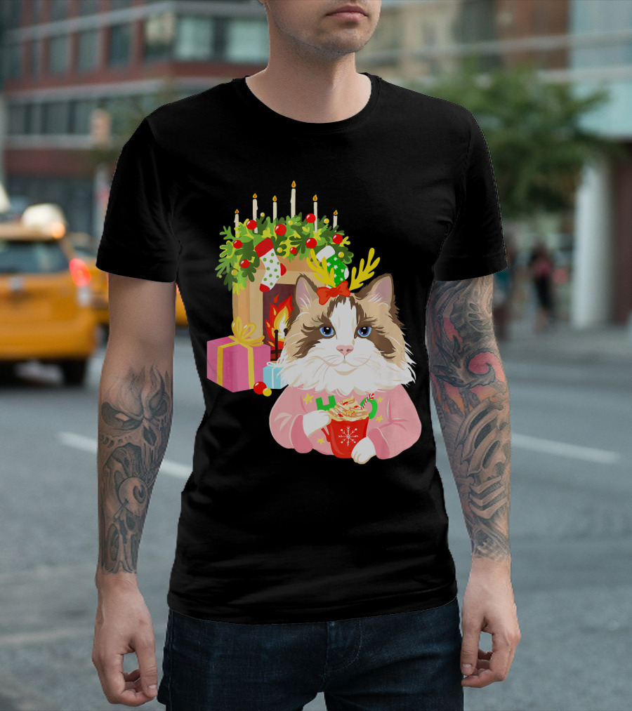 Christmas Ragdoll Cat by Fireplace with Gifts and Hot Cocoa T-Shirt