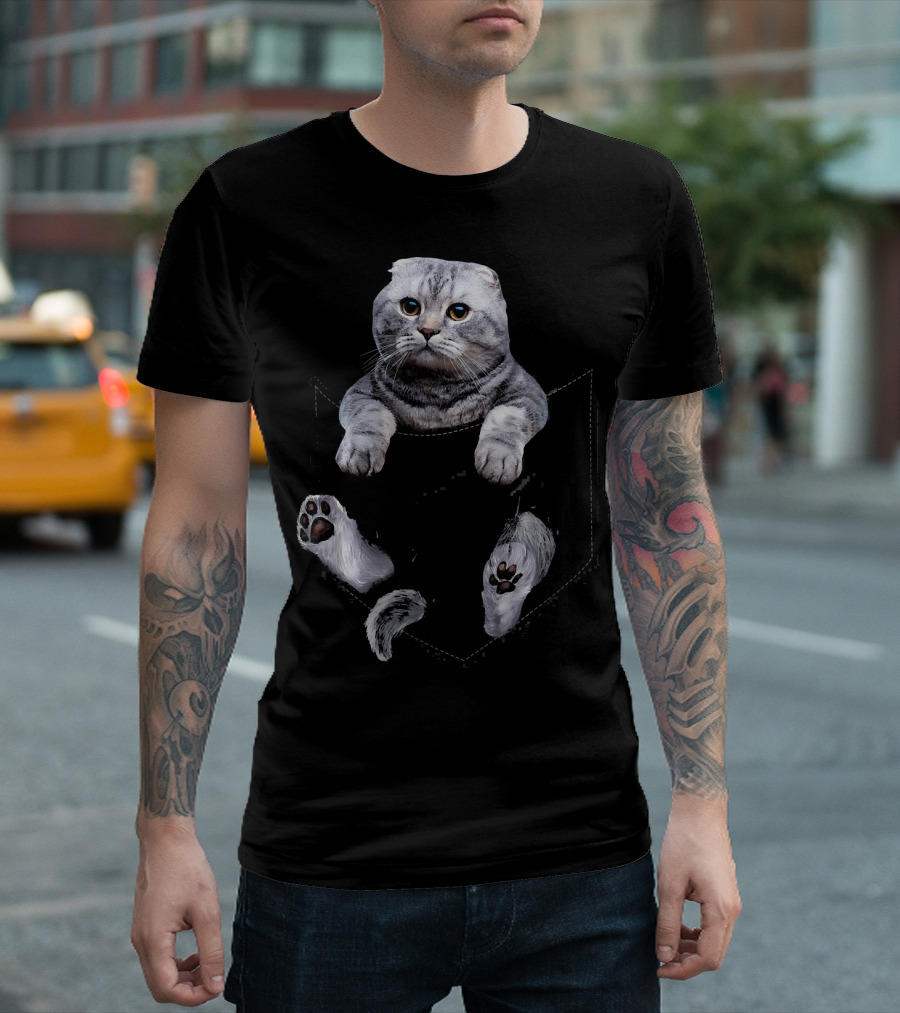Scottish Fold Cat in Pocket Playful Feline Charm T-Shirt