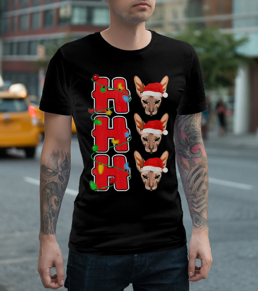 Ho Ho Ho Christmas Lights Santa Sphynx Cat with Santa Hat T-Shirt