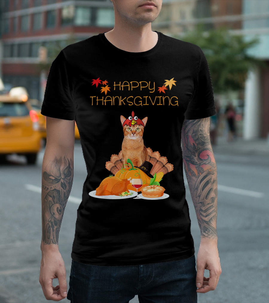 Happy Thanksgiving Day Abyssinian Cat with Turkey Feast and Autumn Leaves T-Shirt