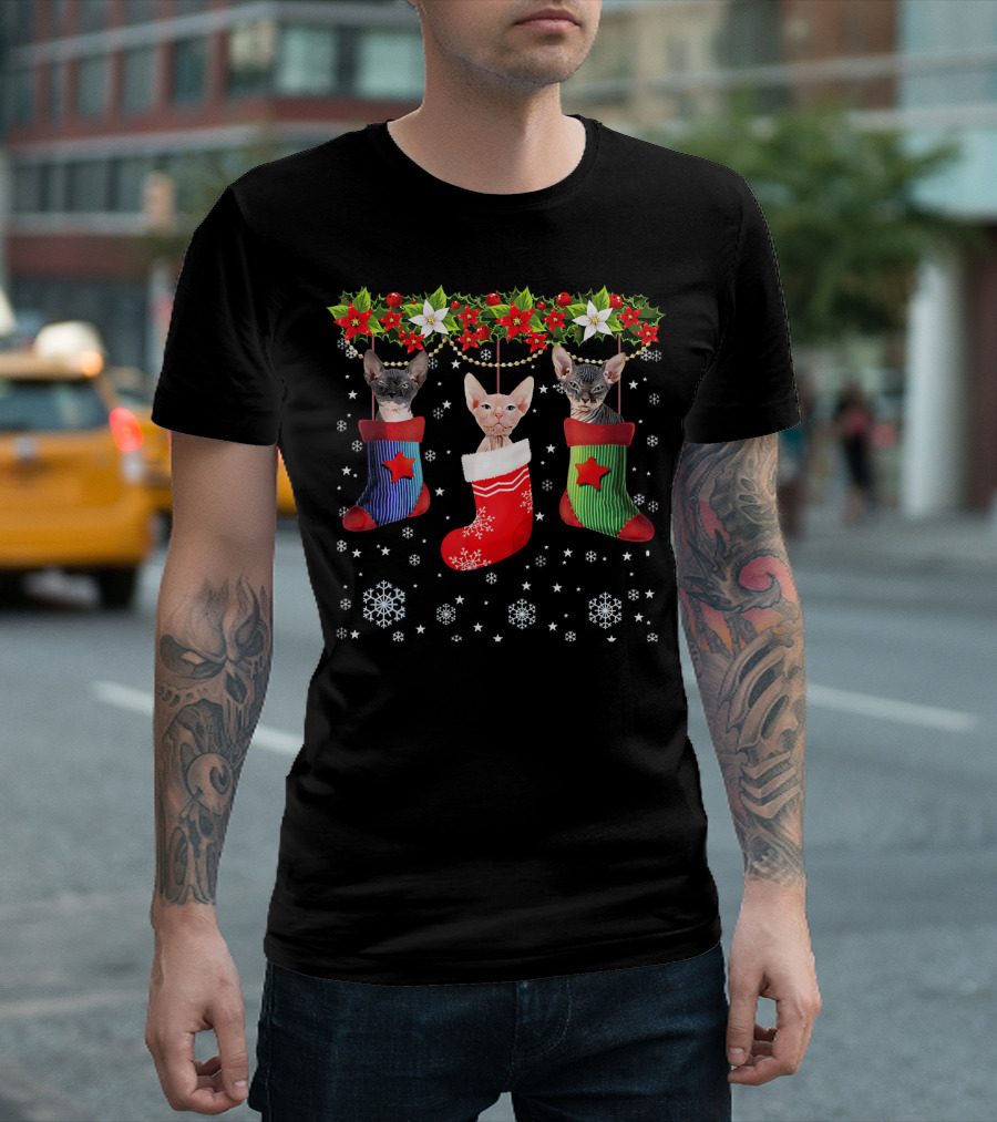 Three Sphynx Cats in Festive Christmas Stockings with Holly and Snowflakes T-Shirt