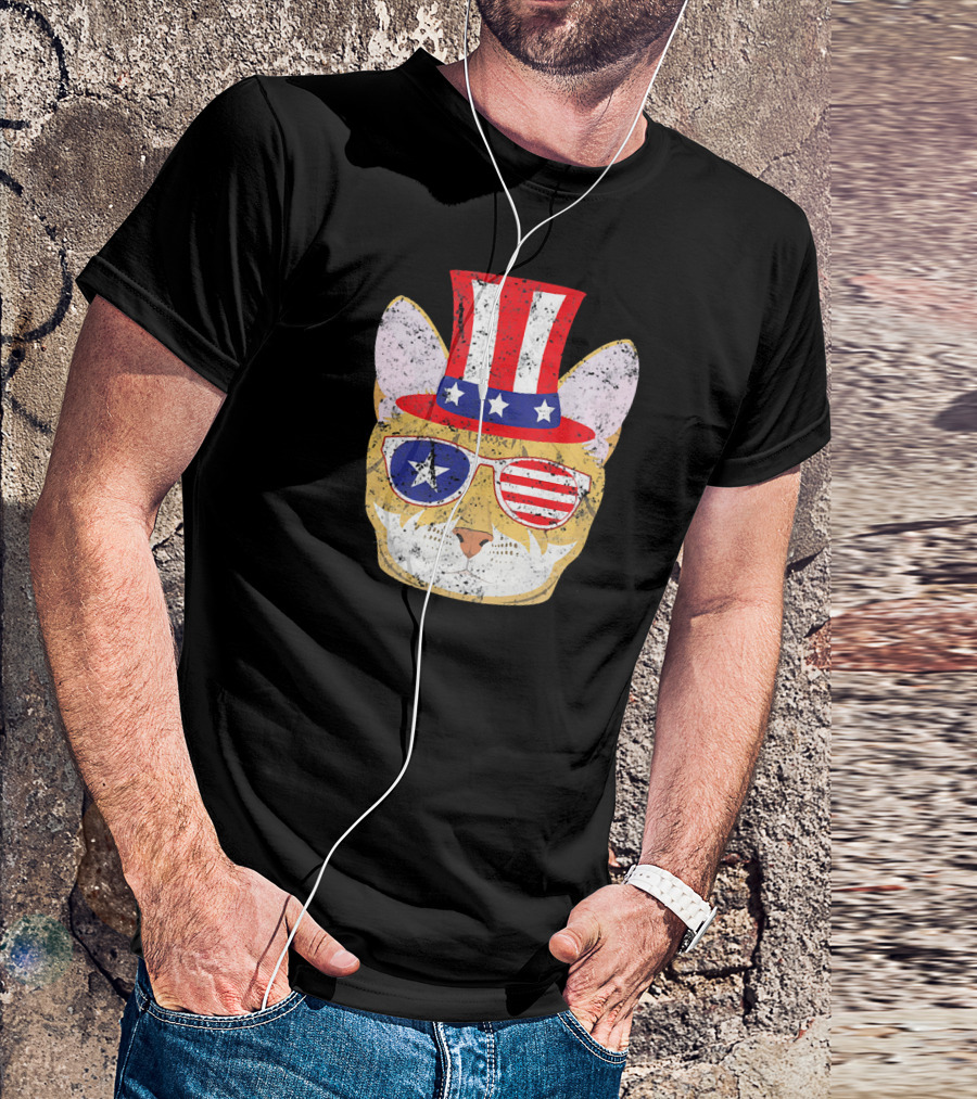 Patriotic Bengal Cat With Stars And Stripes Hat And Glasses T-Shirt