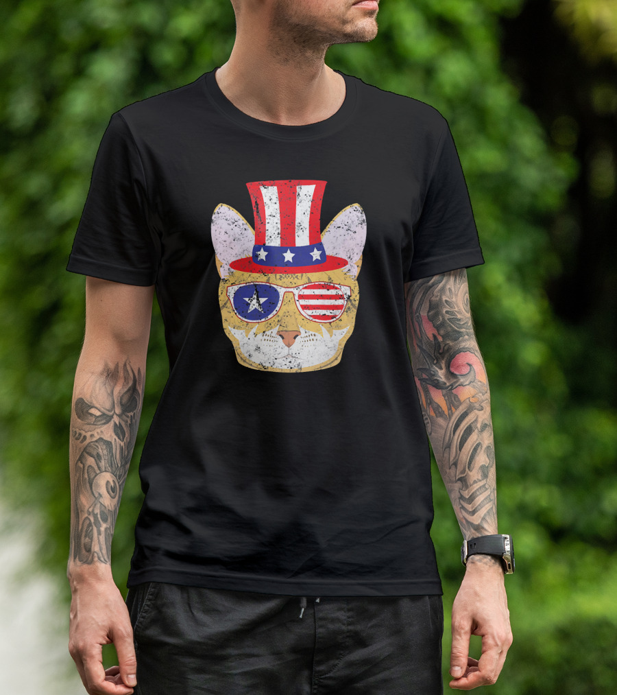 Patriotic Bengal Cat With Stars And Stripes Hat And Glasses T-Shirt