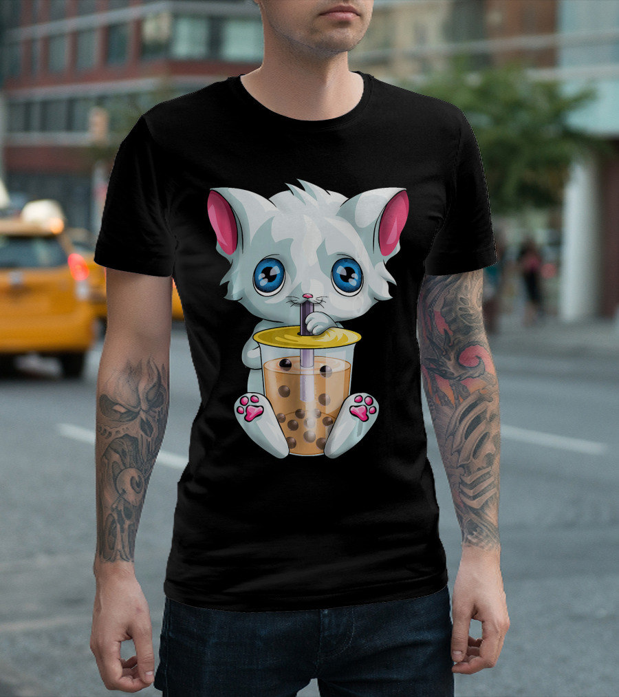 Kawaii Cat with Bubble Tea Cute Boba Drink T-Shirt
