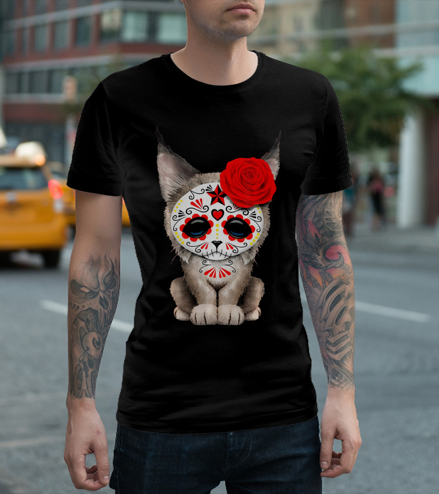 Sugar Skull Lynx Cub with Red Rose Day of the Dead T-Shirt