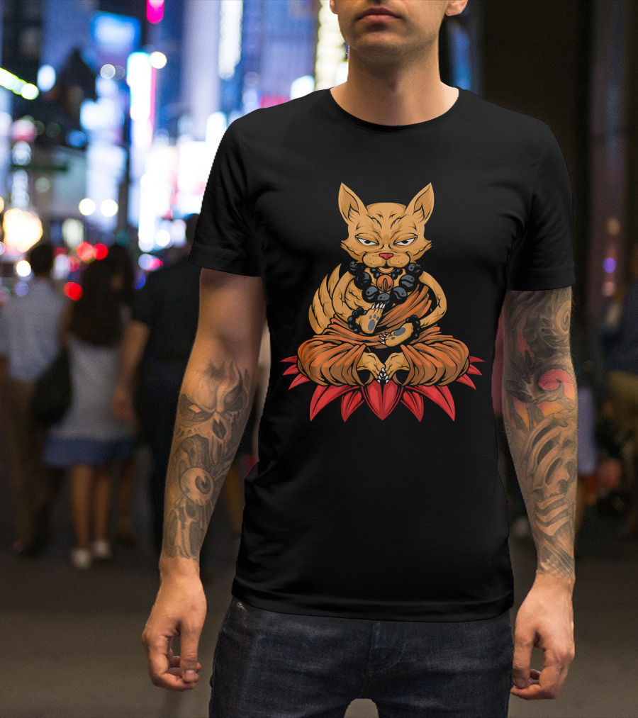 Cool Cat Meditating Sitting In Lotus Yoga Pose With Beads T-Shirt