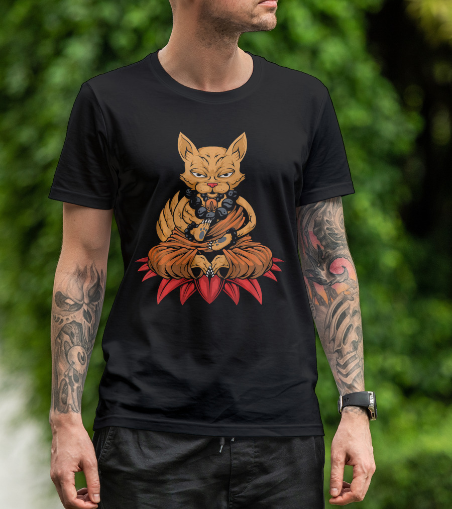 Cool Cat Meditating Sitting In Lotus Yoga Pose With Beads T-Shirt