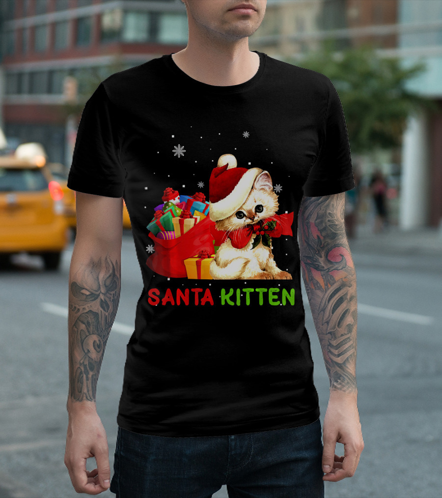 Santa Kitten With Festive Gifts And Snowflakes T-Shirt