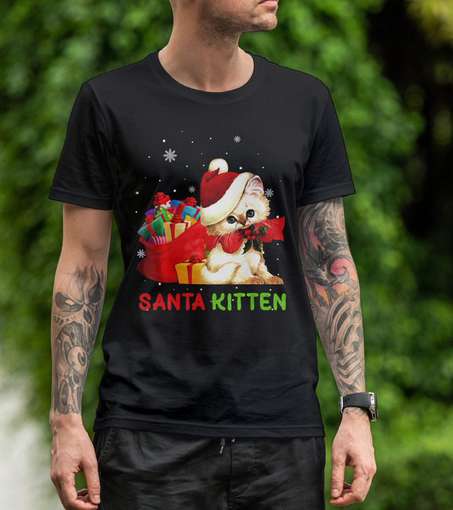 Santa Kitten With Festive Gifts And Snowflakes T-Shirt
