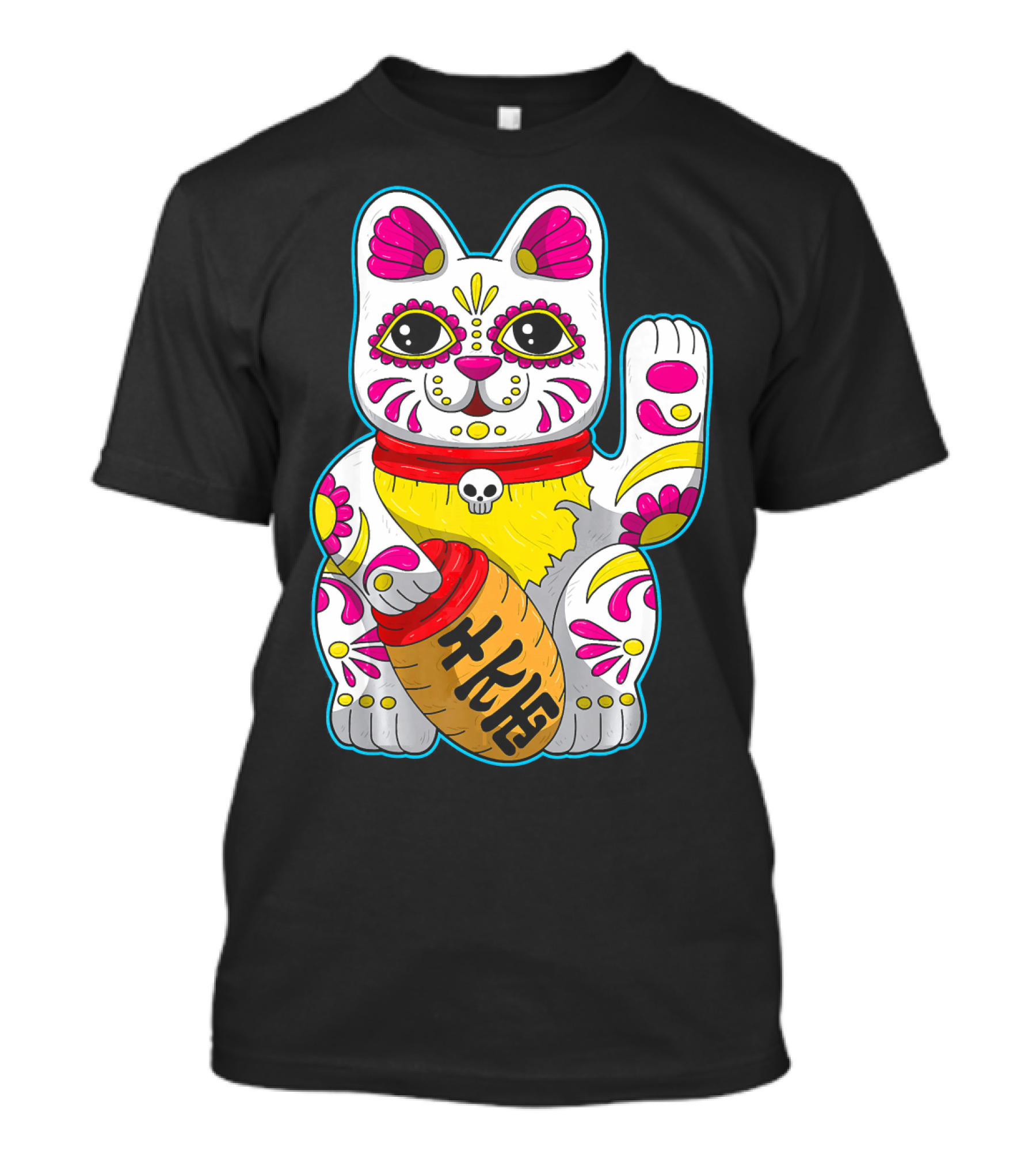 Lucky Cat Maneki Neko Colorful Japanese Skull Decor Flower T-Shirt