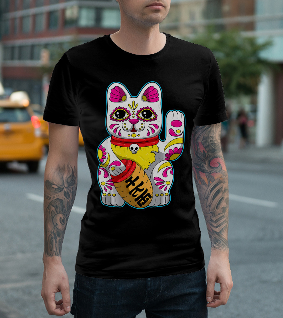 Lucky Cat Maneki Neko Colorful Japanese Skull Decor Flower T-Shirt