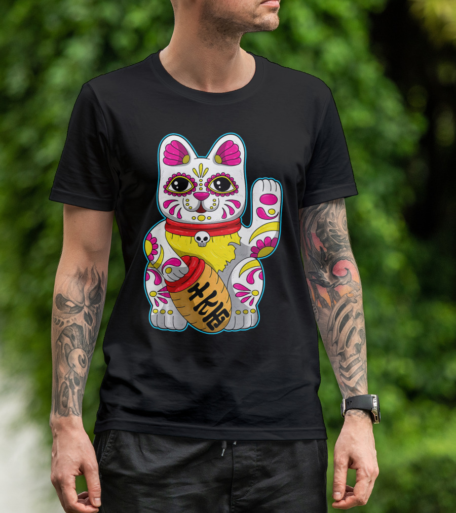 Lucky Cat Maneki Neko Colorful Japanese Skull Decor Flower T-Shirt