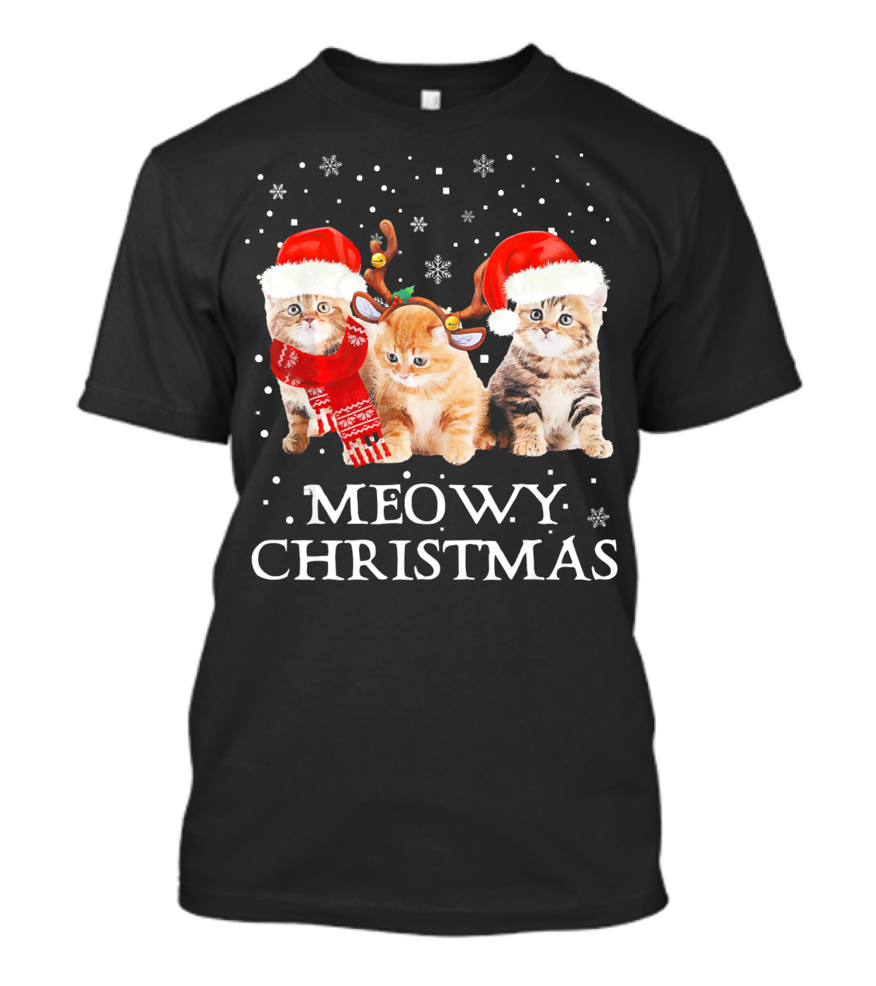 Meowy Christmas Kitten Cats In Santa Hats With Snowflakes T-Shirt