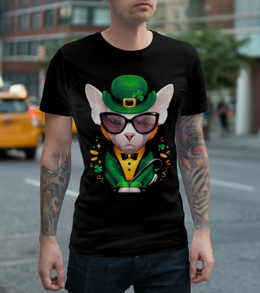 Sphynx Cat with Leprechaun Hat and Sunglasses Surrounded by Shamrocks and Gold Coins T-Shirt