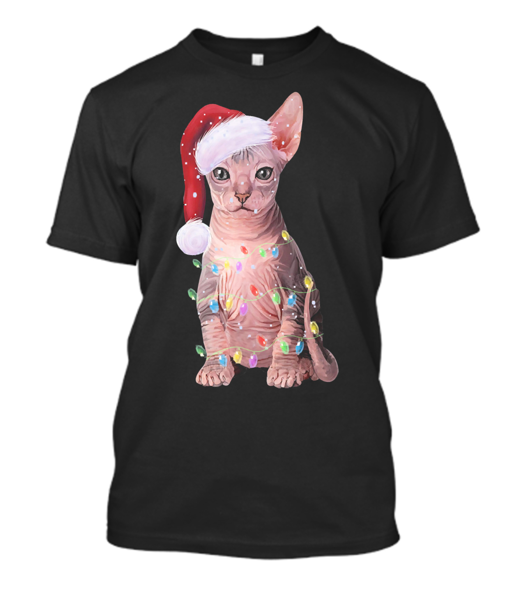 Let It Snow Christmas Holiday Sphynx Cat With Santa Hat And Festive Lights T-Shirt