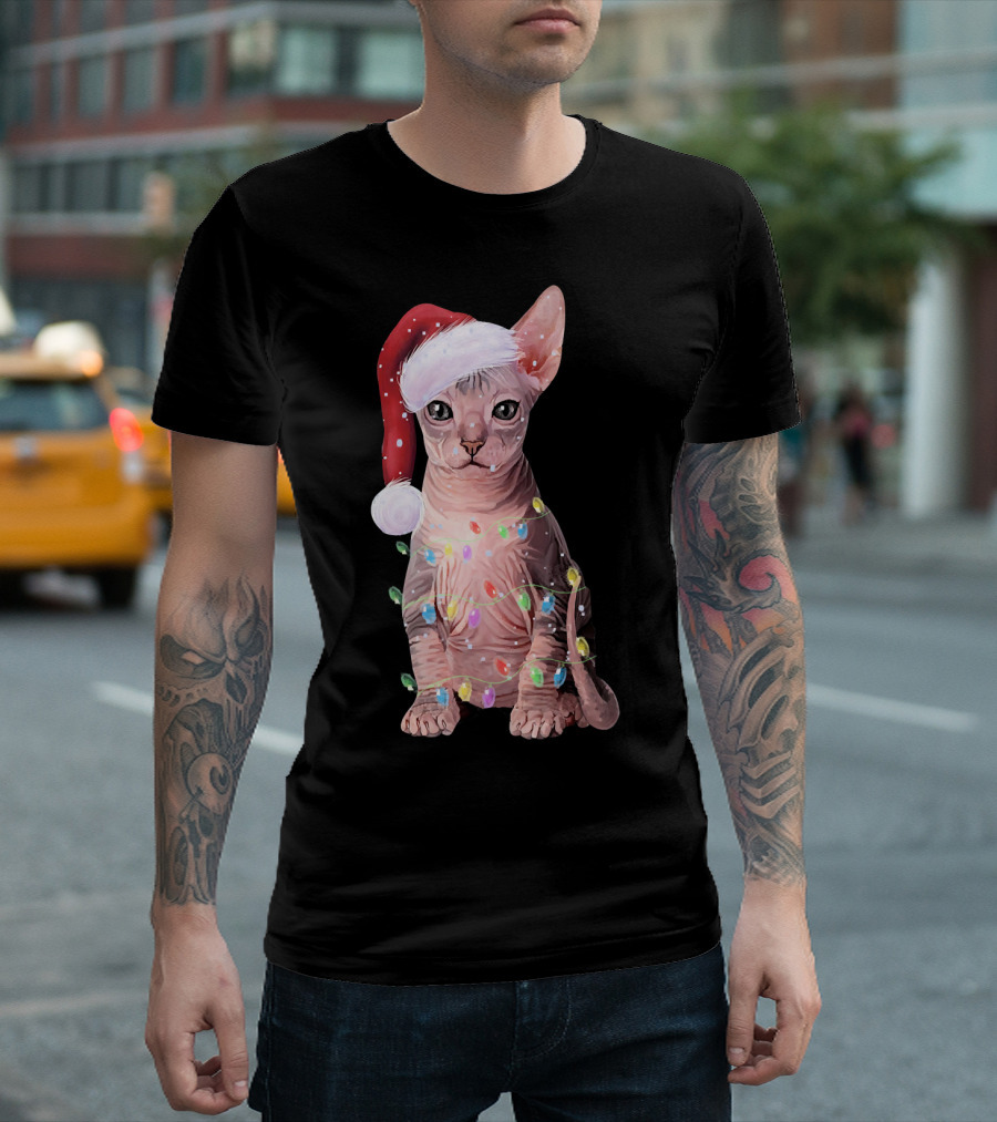 Let It Snow Christmas Holiday Sphynx Cat With Santa Hat And Festive Lights T-Shirt