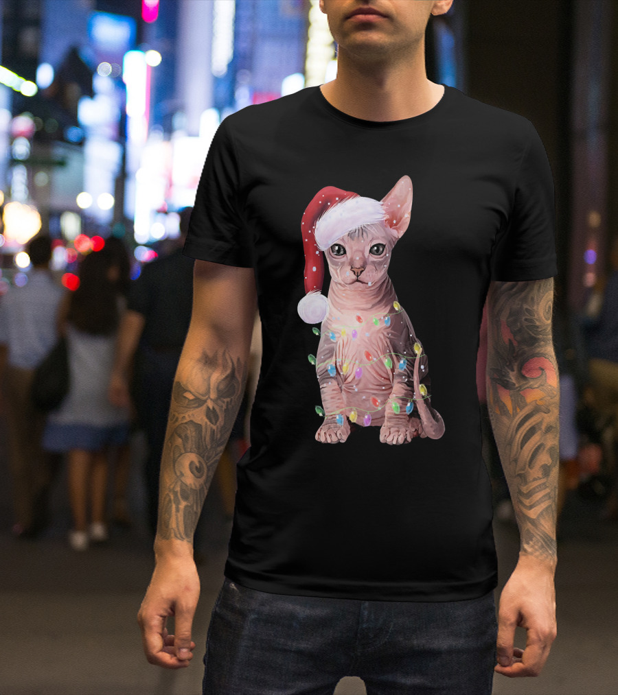 Let It Snow Christmas Holiday Sphynx Cat With Santa Hat And Festive Lights T-Shirt
