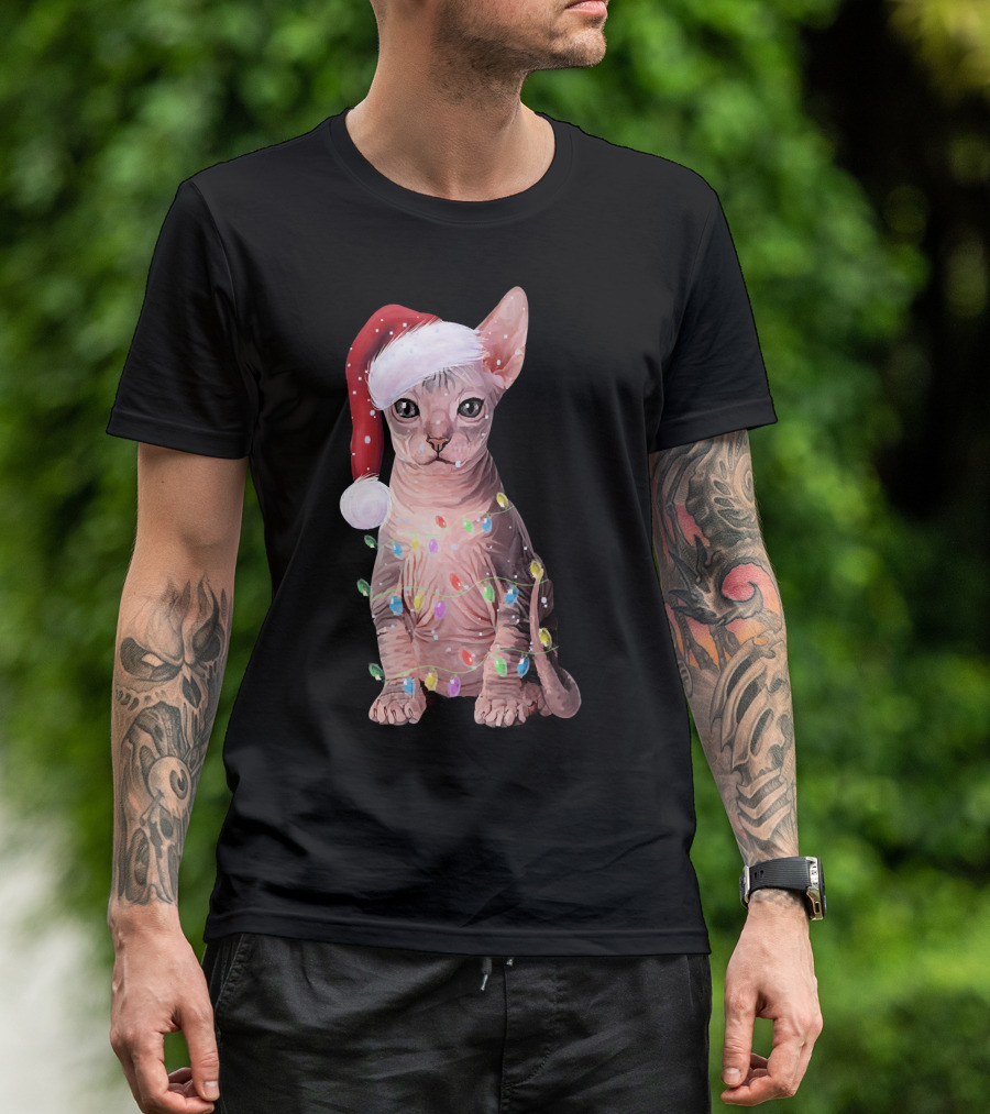 Let It Snow Christmas Holiday Sphynx Cat With Santa Hat And Festive Lights T-Shirt