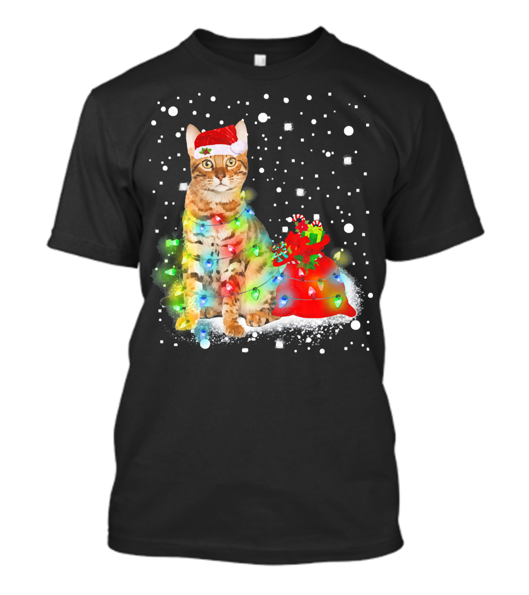 Bengal Cat With Christmas Hat And Colorful Lights In Snowy Holiday Scene T-Shirt
