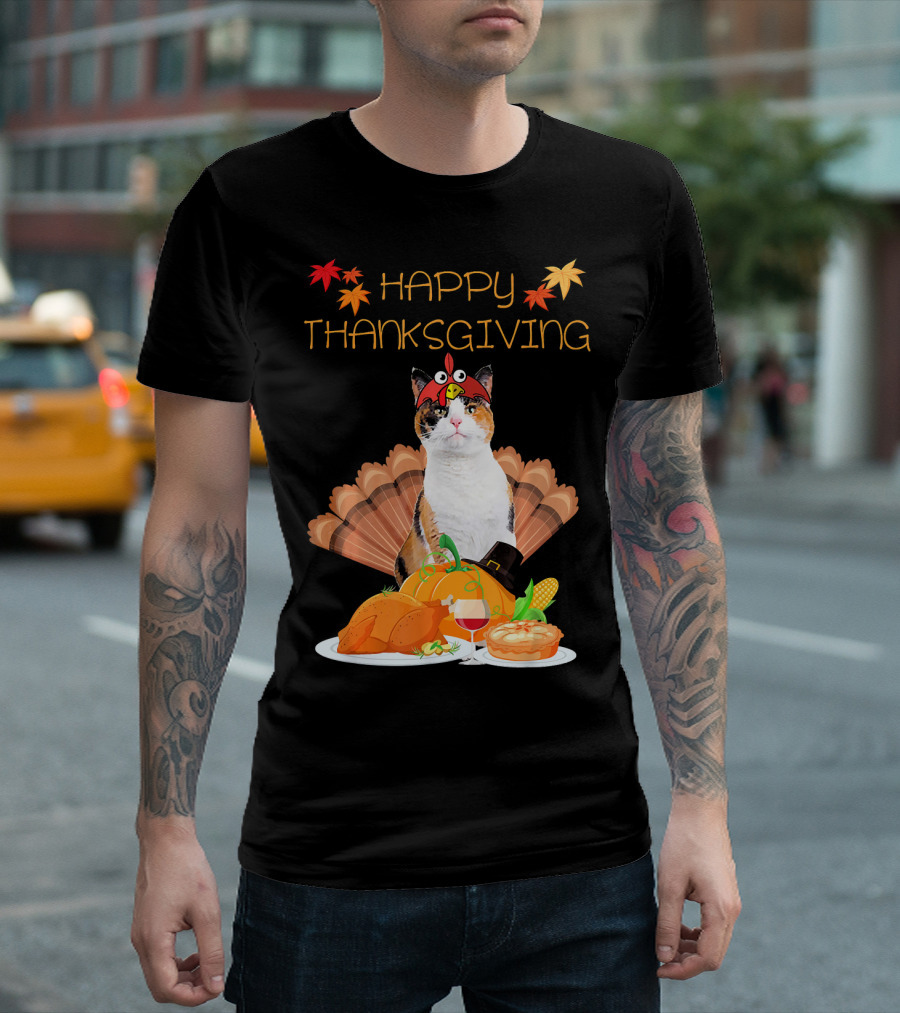 Happy Thanksgiving Calico Cat with Turkey and Feast T-Shirt