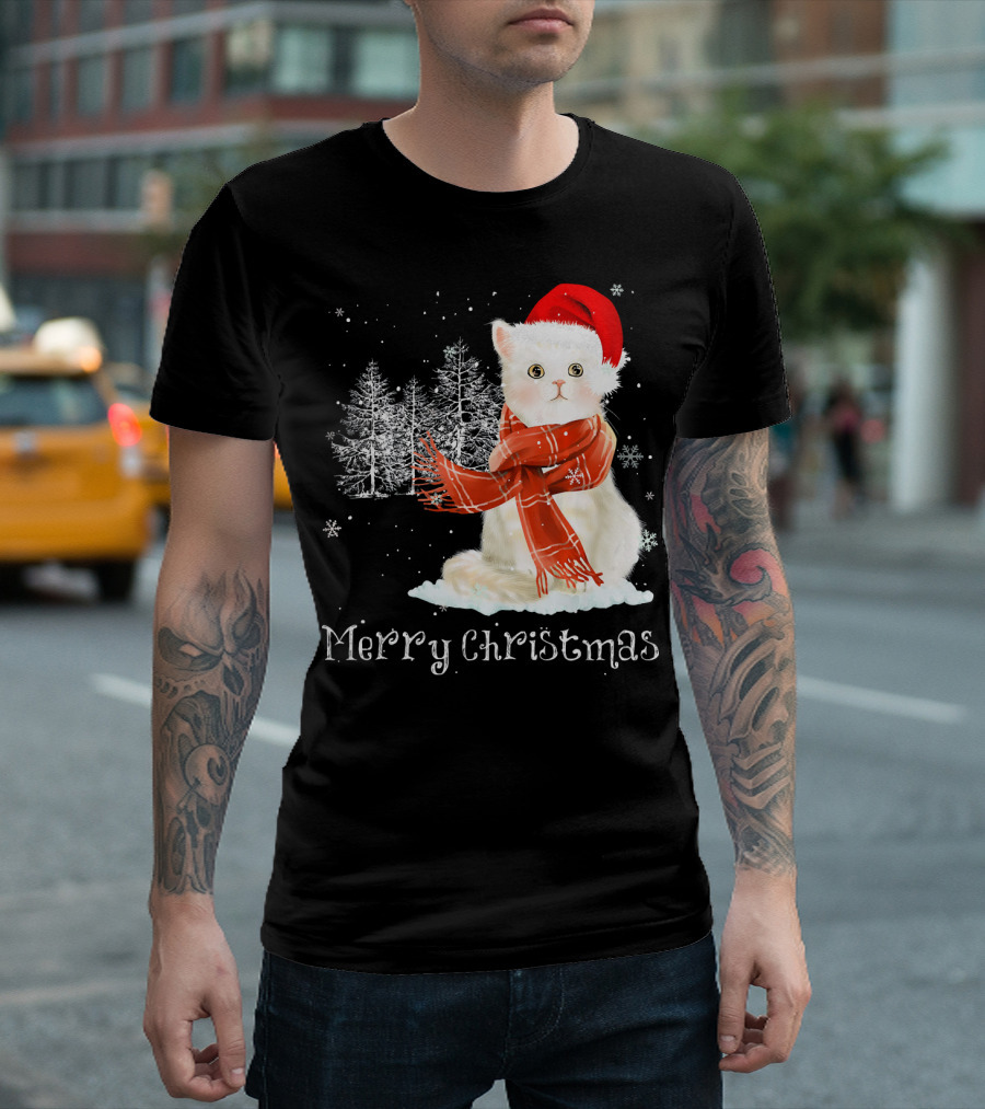 Merry Christmas Cat Snowy Winter Scene Santa Hat T-Shirt