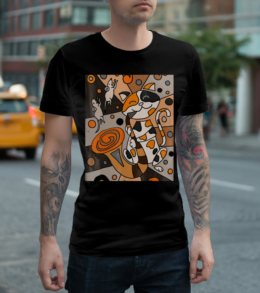 Smiletodaytees Calico Cat Playing Saxophone Surreal Geometric T-Shirt