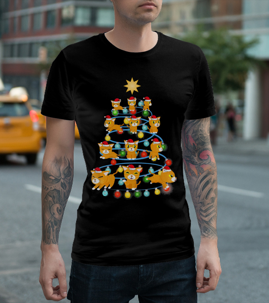 Santa Kitten Cat Christmas Tree Lights Star Topper T-Shirt