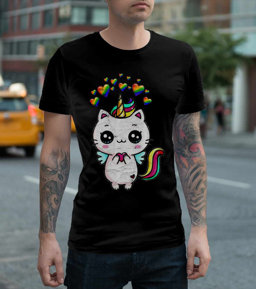Cute Kittycorn with Rainbow Hearts and Unicorn Colors T-Shirt