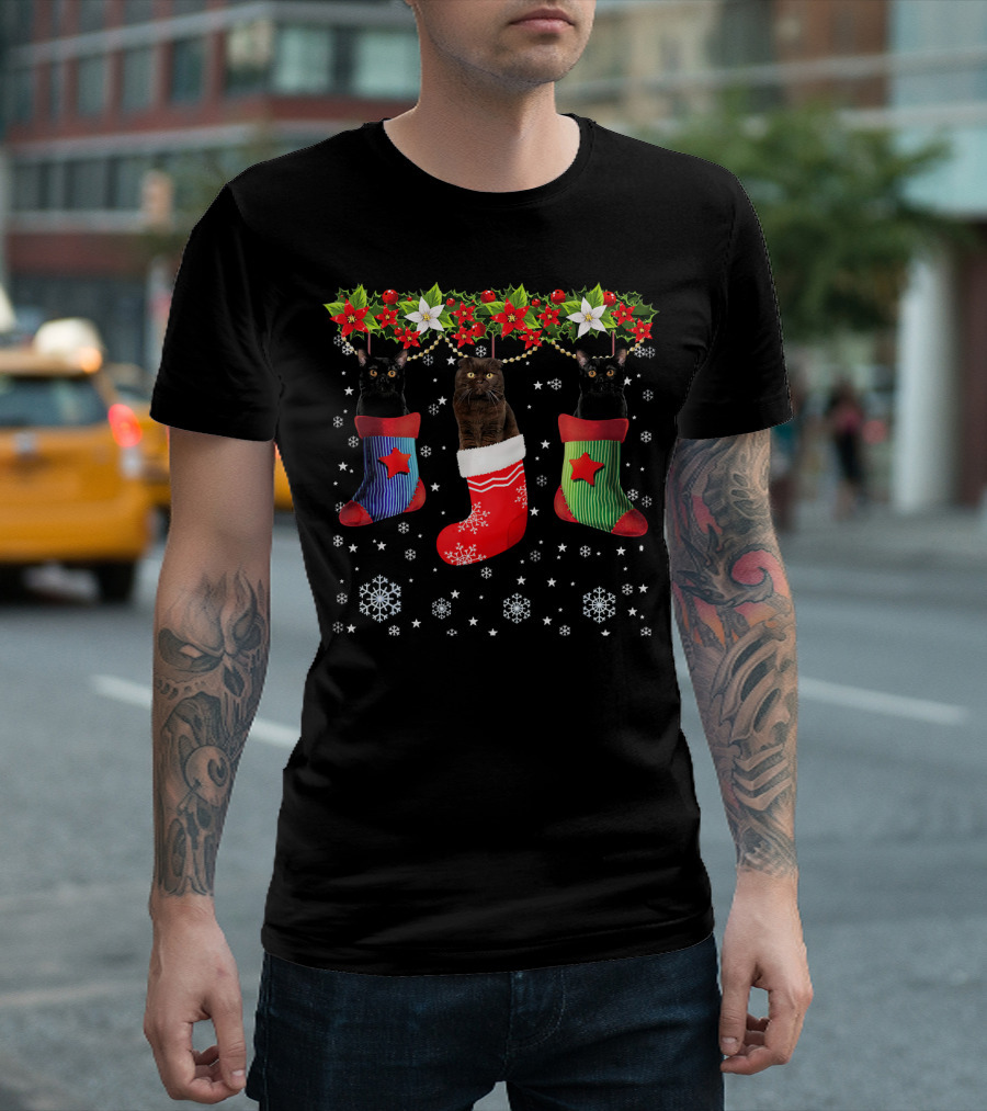 Three Bombay Cats in Christmas Stockings with Holly and Snowflakes T-Shirt