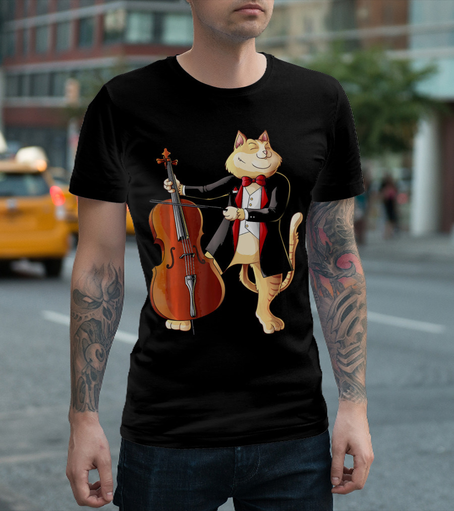 Cool Cat Playing Cello Funny Kitten Orchestra Instrument tuxedo T-Shirt