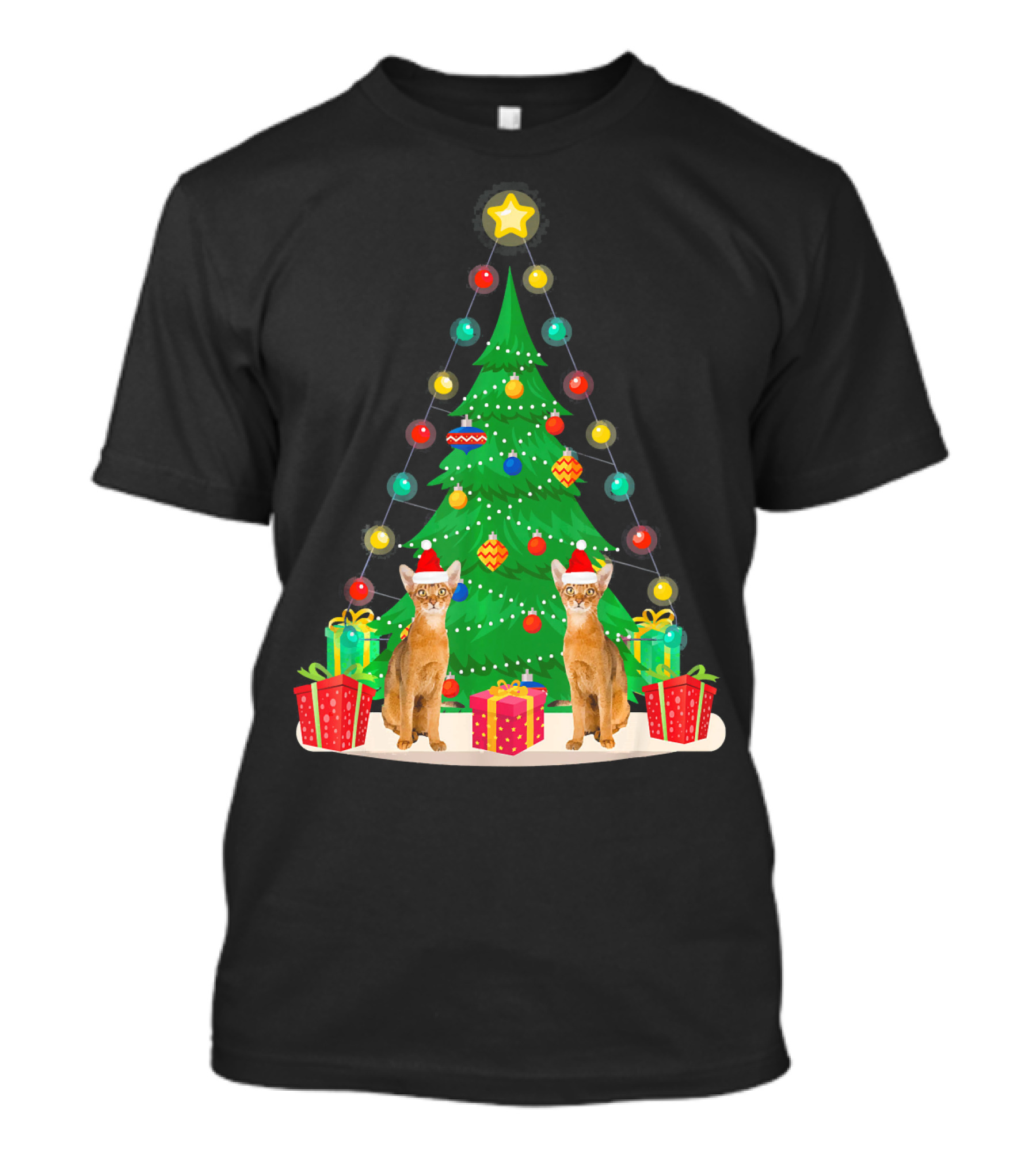 Santa Abyssinian Cats With Gifts Under Christmas Tree T-Shirt