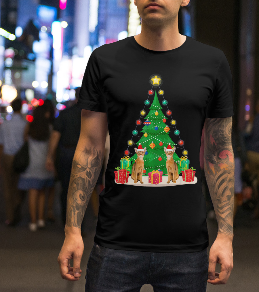 Santa Abyssinian Cats With Gifts Under Christmas Tree T-Shirt