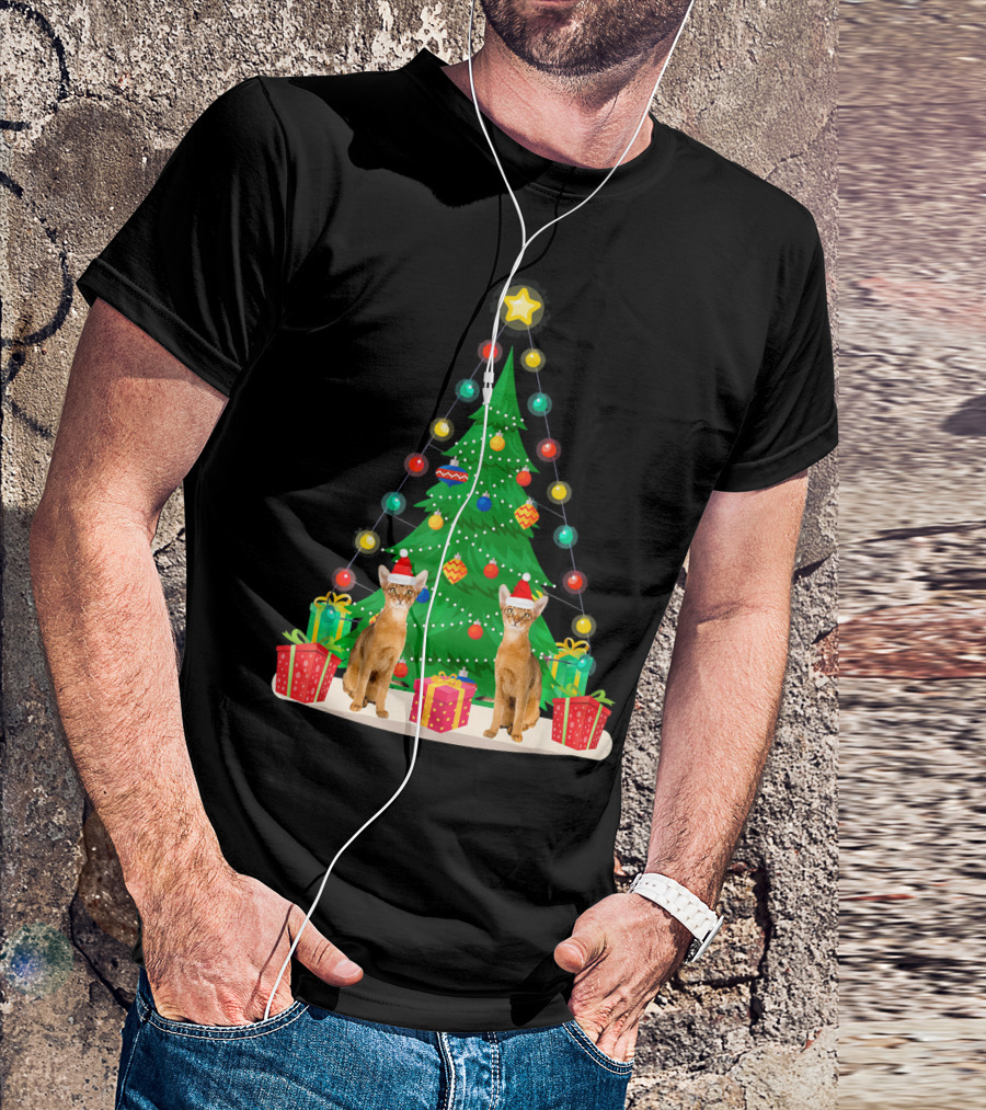 Santa Abyssinian Cats With Gifts Under Christmas Tree T-Shirt