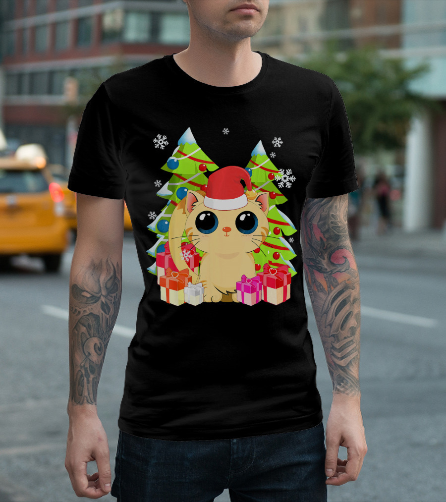 Cute Cat Santa Christmas Kitten with Gifts and Trees T-Shirt