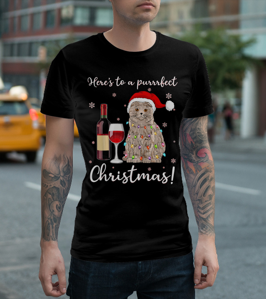 Here's to a Purrrfect Christmas Scottish Fold Santa Cat with Wine and Lights T-Shirt