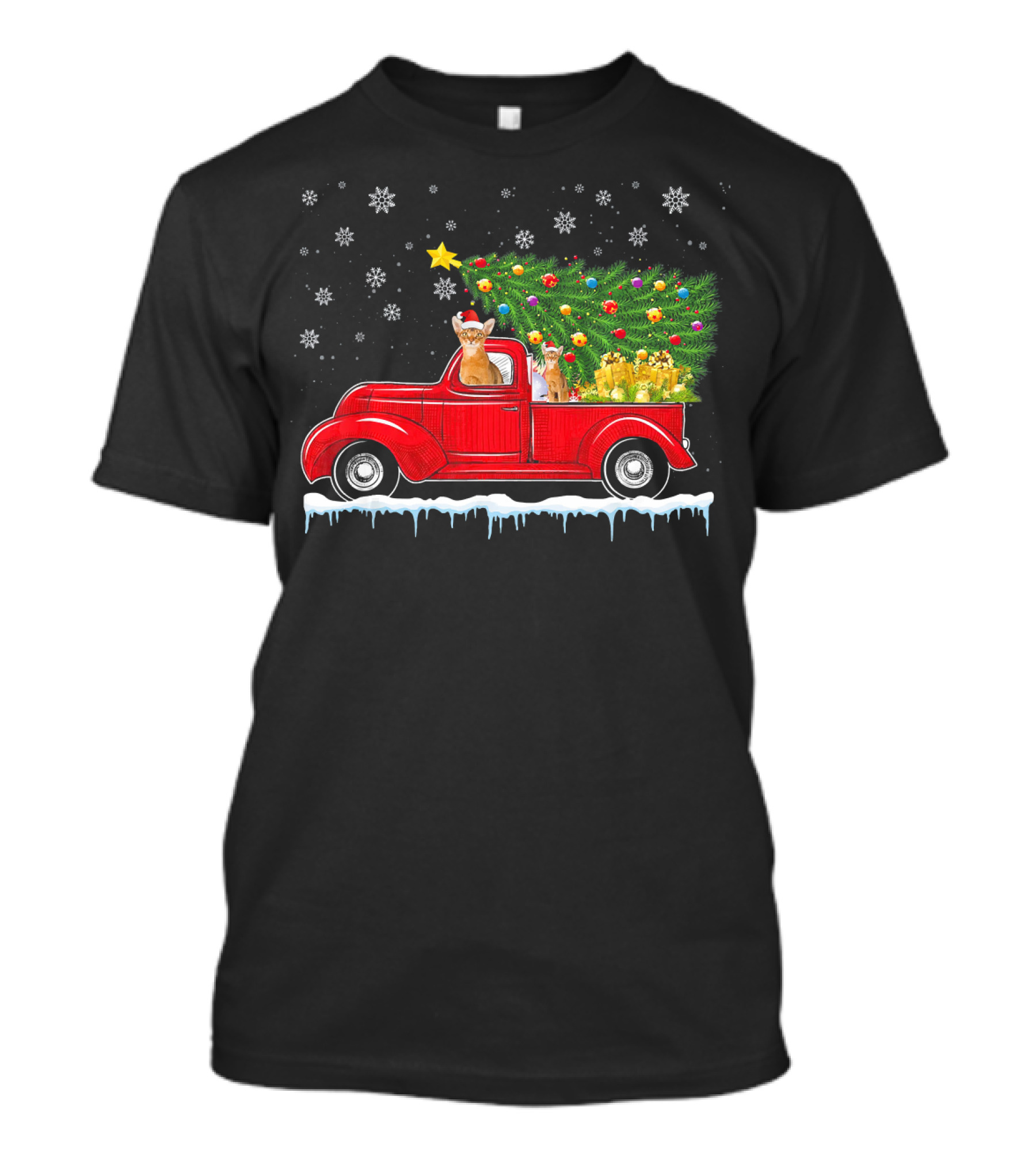 Abyssinian Cats Driving Red Truck With Christmas Tree And Gifts In Snowy Night T-Shirt