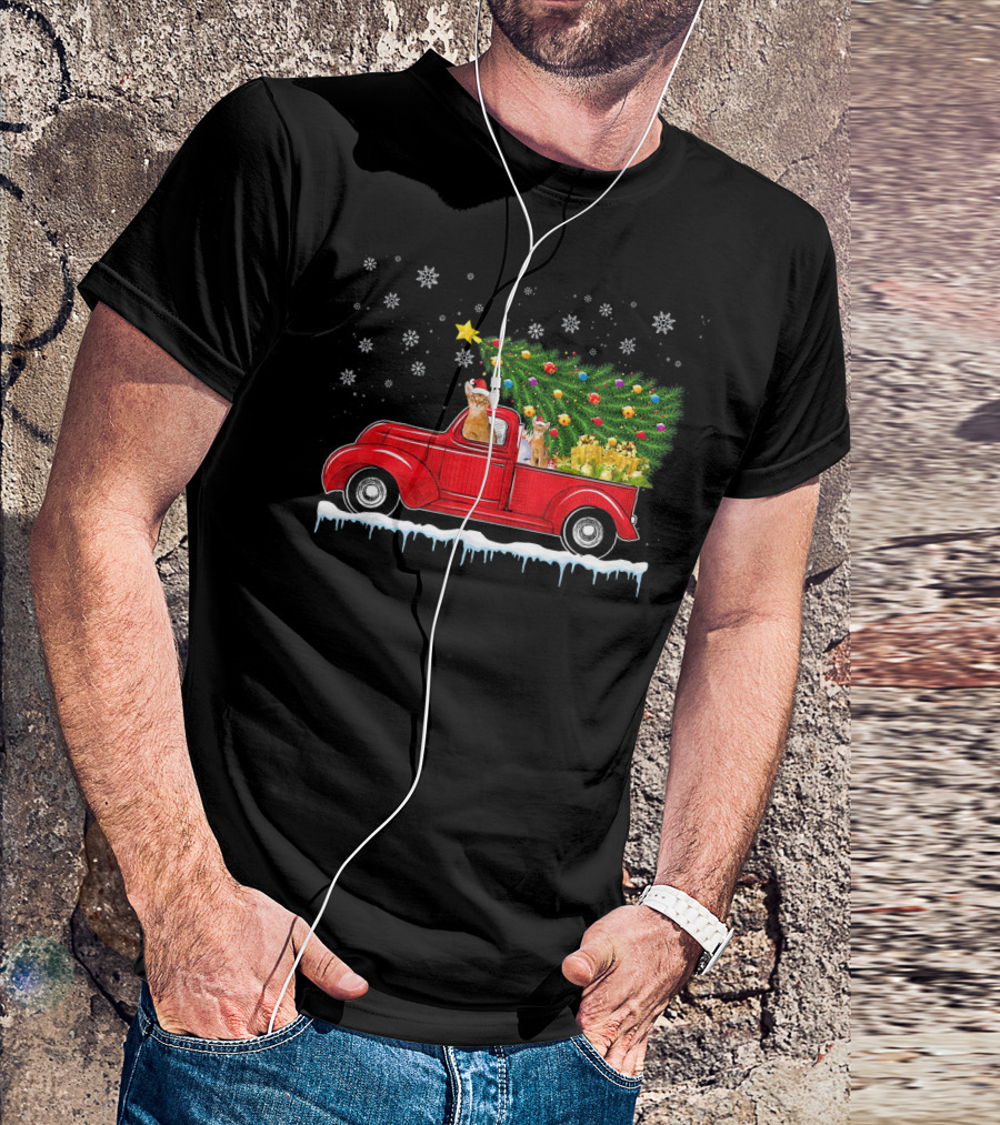 Abyssinian Cats Driving Red Truck With Christmas Tree And Gifts In Snowy Night T-Shirt