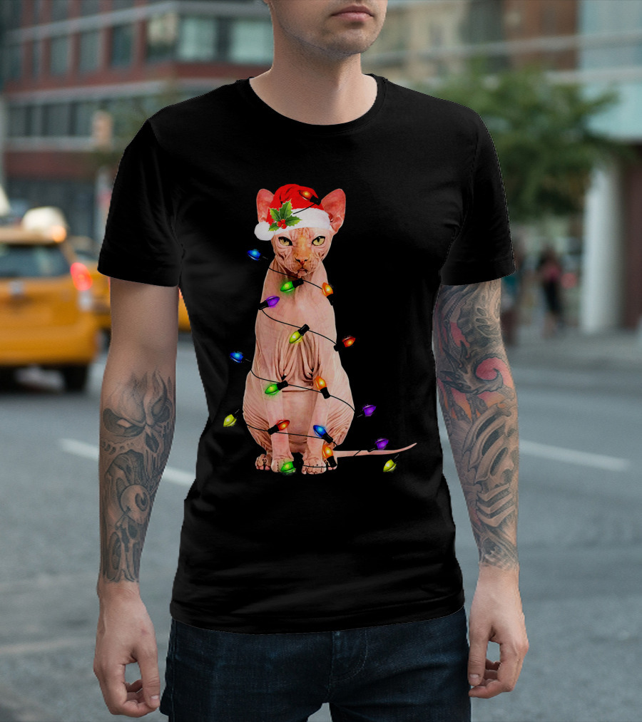 Santa Sphynx Cat Wrapped in Colorful Christmas Lights T-Shirt