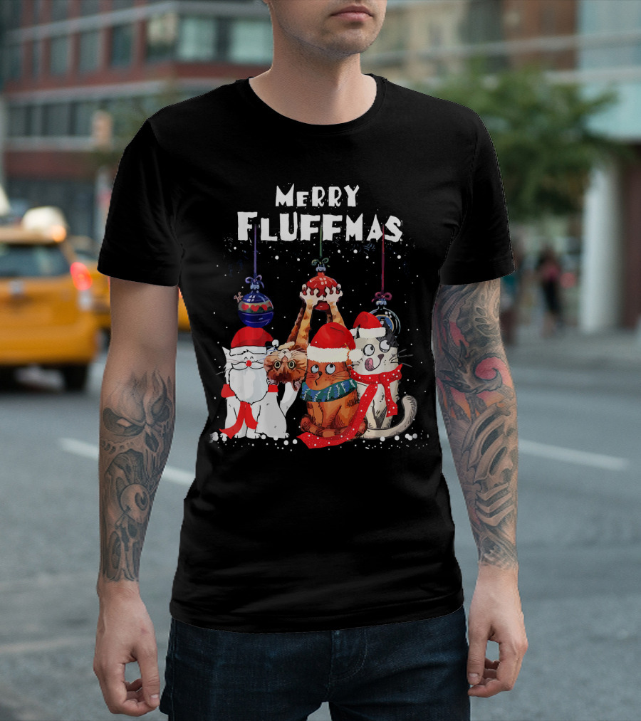 Merry Fluffmas Christmas Cats in Festive Hats with Ornaments T-Shirt