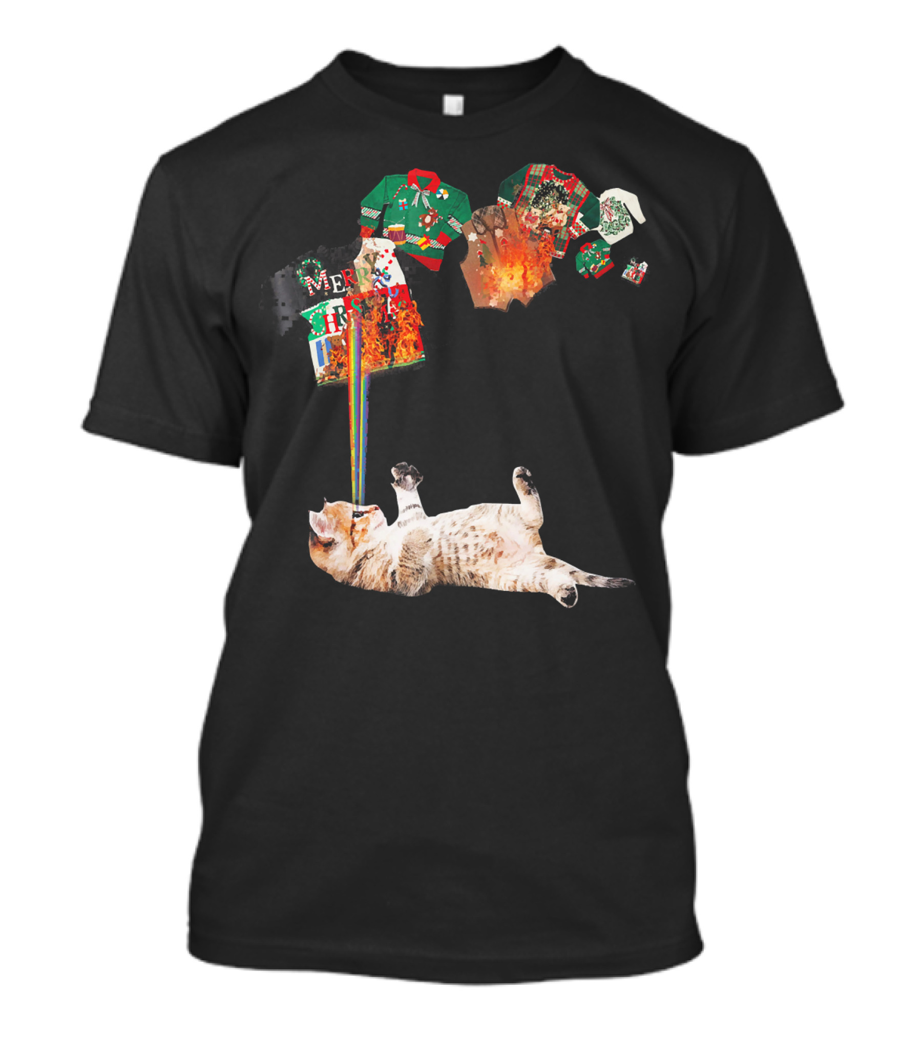 Funny Kitten Meowy Cat Rainbow Laser Battle Ugly Christmas Sweaters T-Shirt