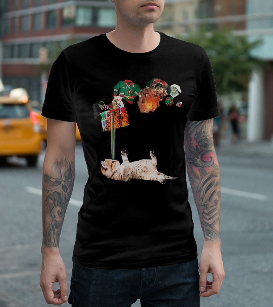 Funny Kitten Meowy Cat Rainbow Laser Battle Ugly Christmas Sweaters T-Shirt