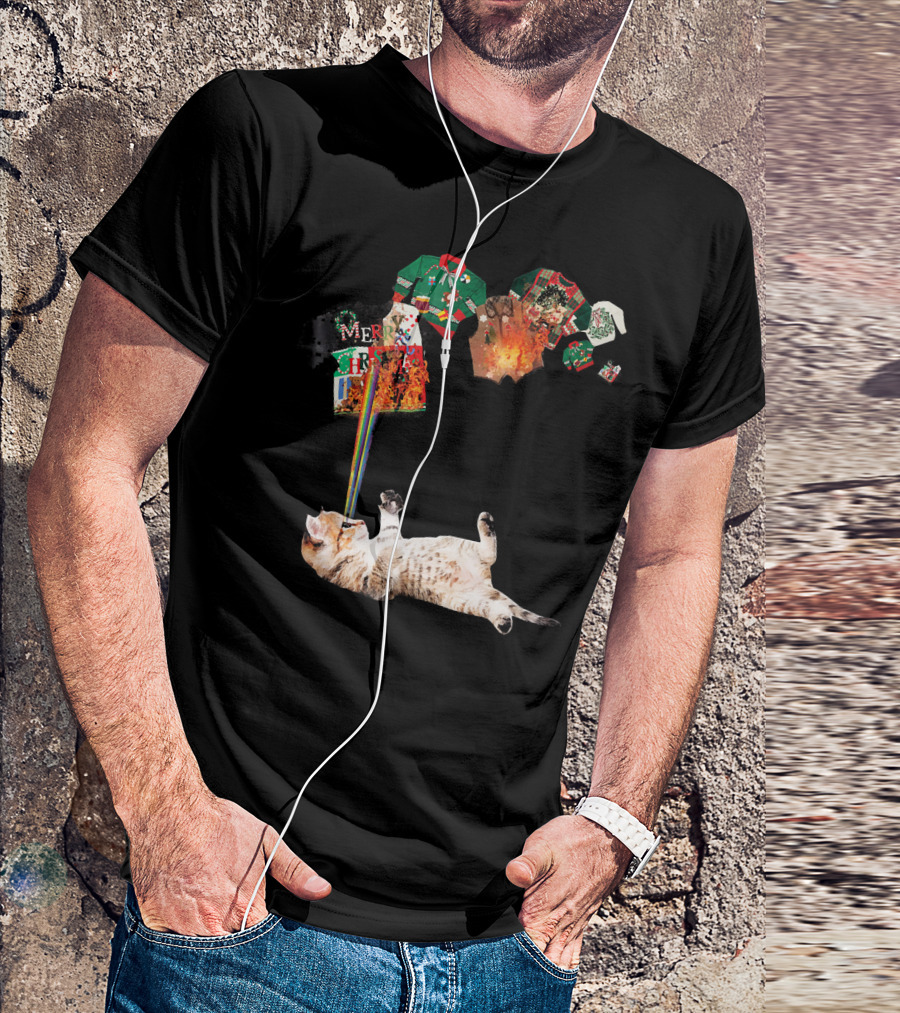 Funny Kitten Meowy Cat Rainbow Laser Battle Ugly Christmas Sweaters T-Shirt
