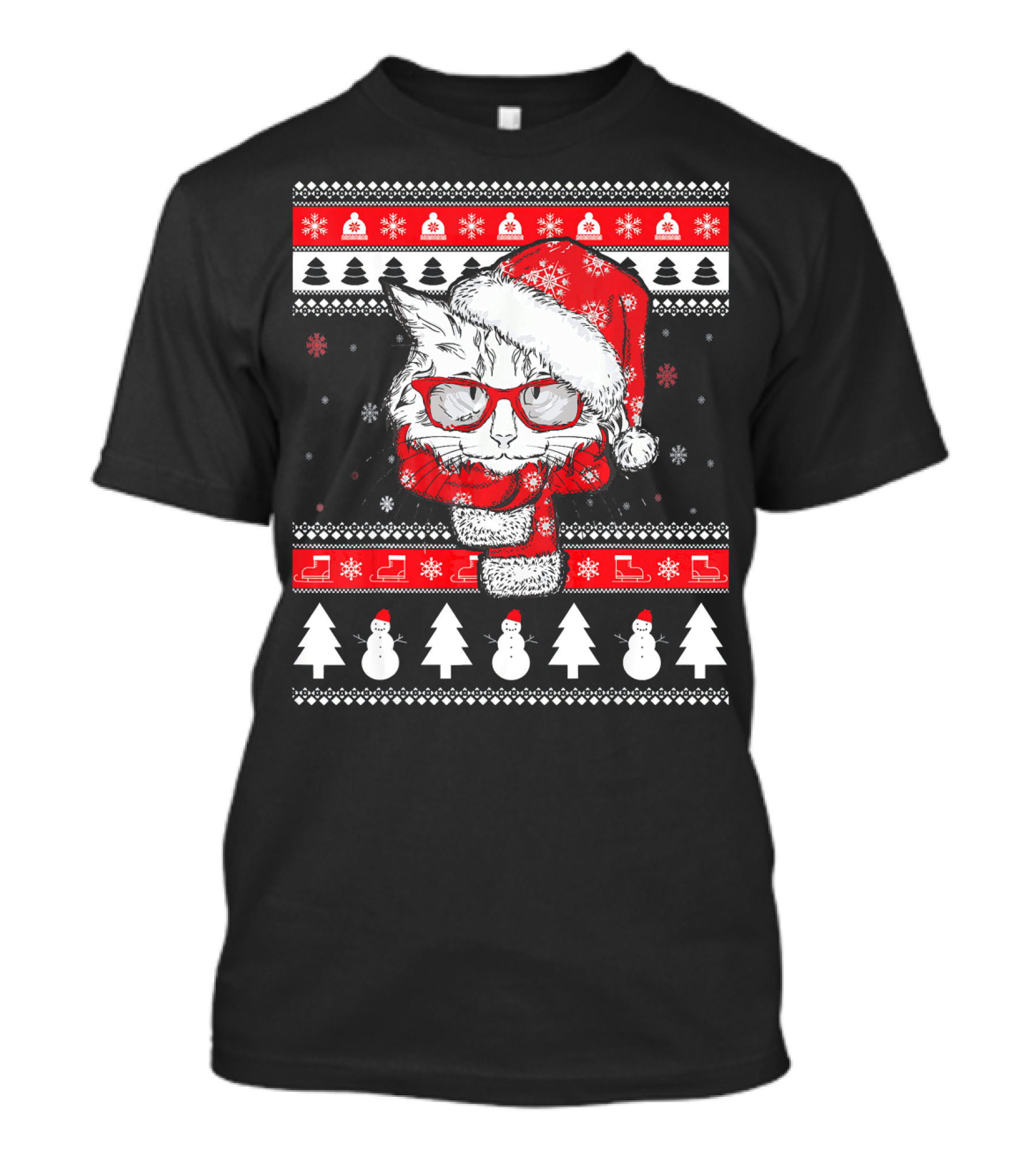 Maine Coon Cat Ugly Xmas Funny Pet Christmas Santa Hat Snowman Trees T-Shirt