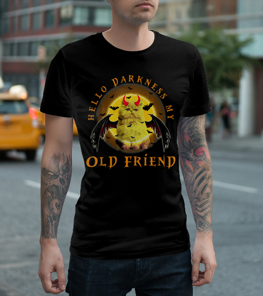 Persian Cat Hello Darkness My Old Friend Bat Wings Devil Horns T-Shirt