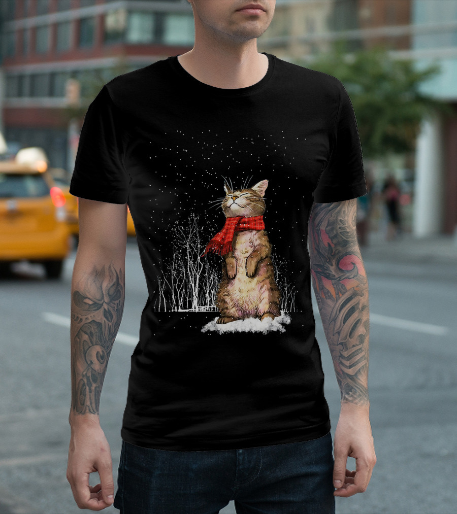 Meowy Xmas Cats Christmas Snow Kitten with Red Scarf in Winter Woodland Snowfall T-Shirt