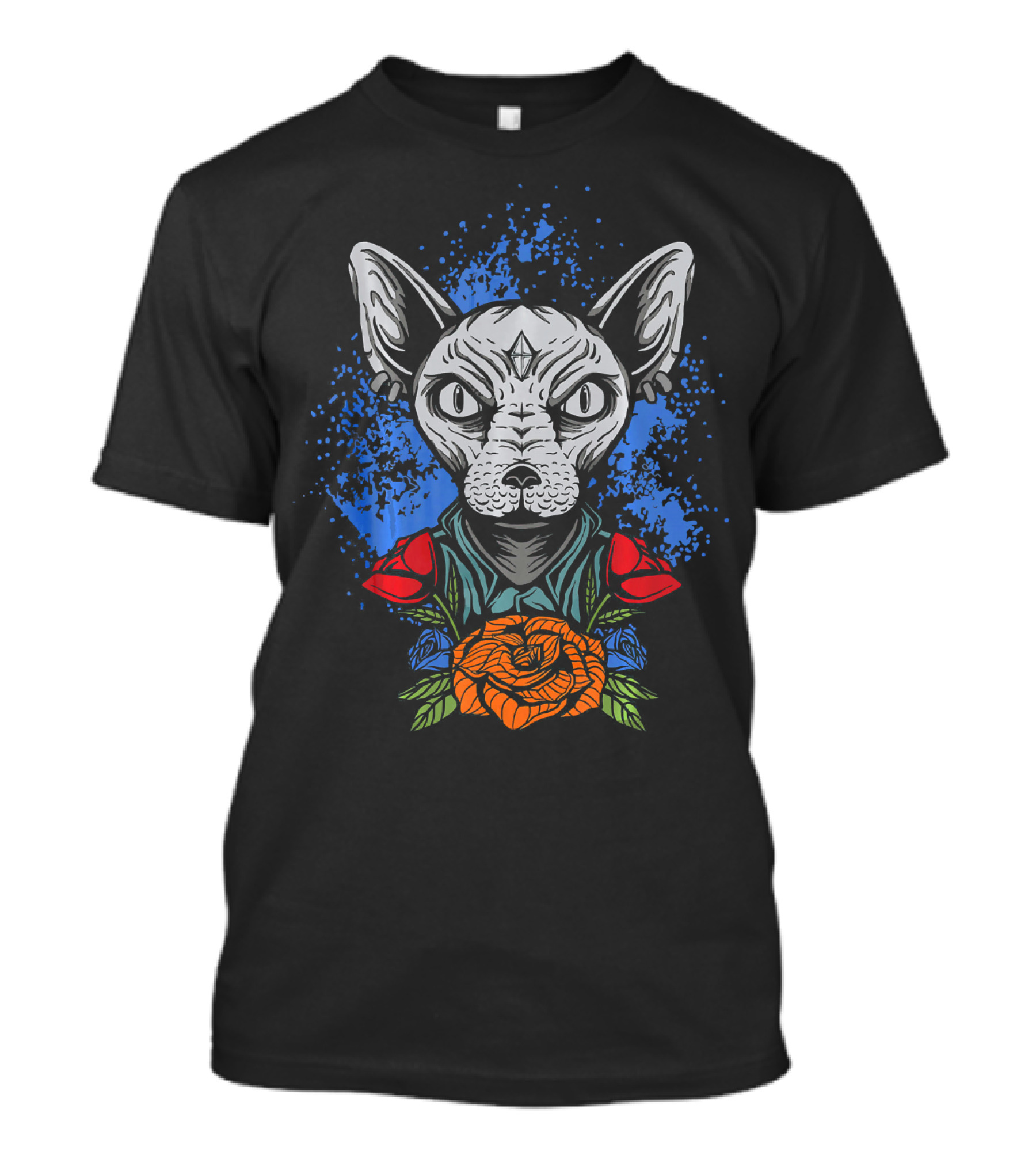 Sphynx Cat Breed Cute Vintage Floral Roses And Abstract Blue Background T-Shirt