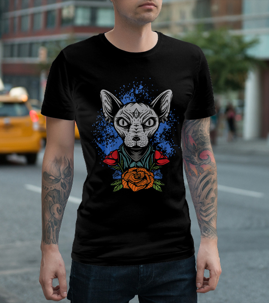 Sphynx Cat Breed Cute Vintage Floral Roses And Abstract Blue Background T-Shirt