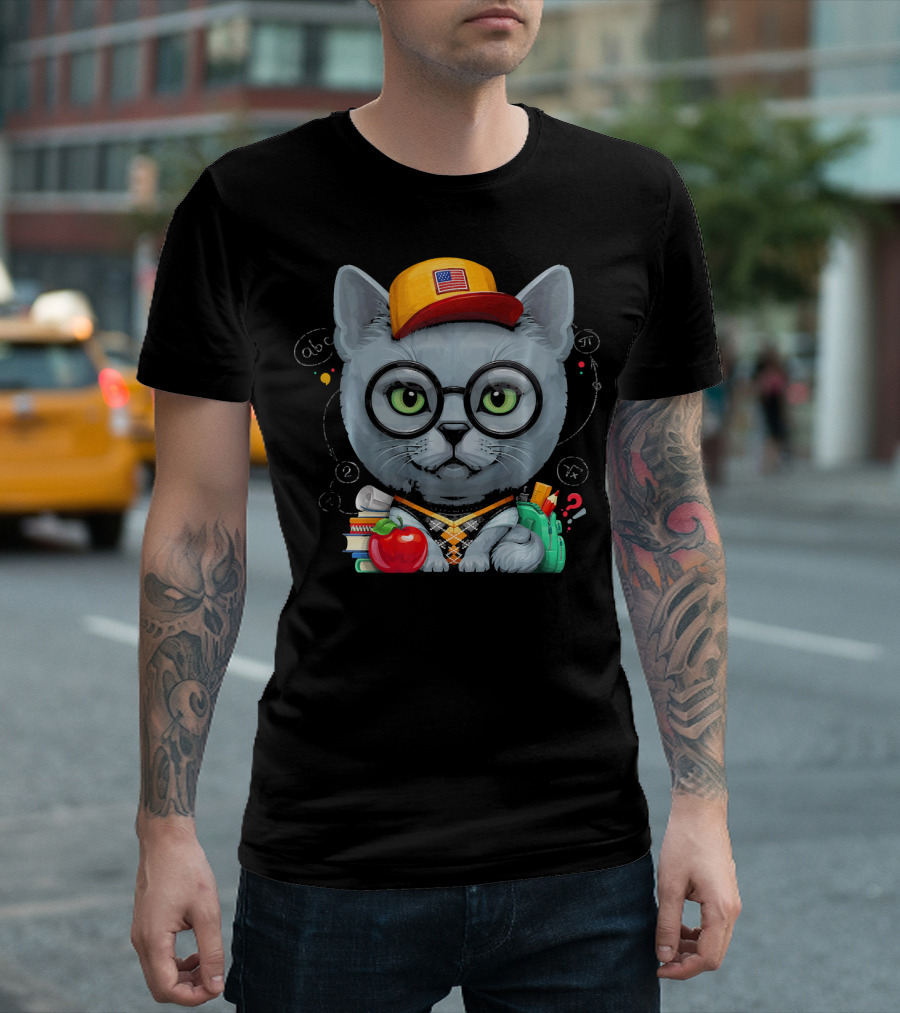 Russian Blue Cat Schoolkid Glasses Books Backpack Apple Hat USA Flag T-Shirt