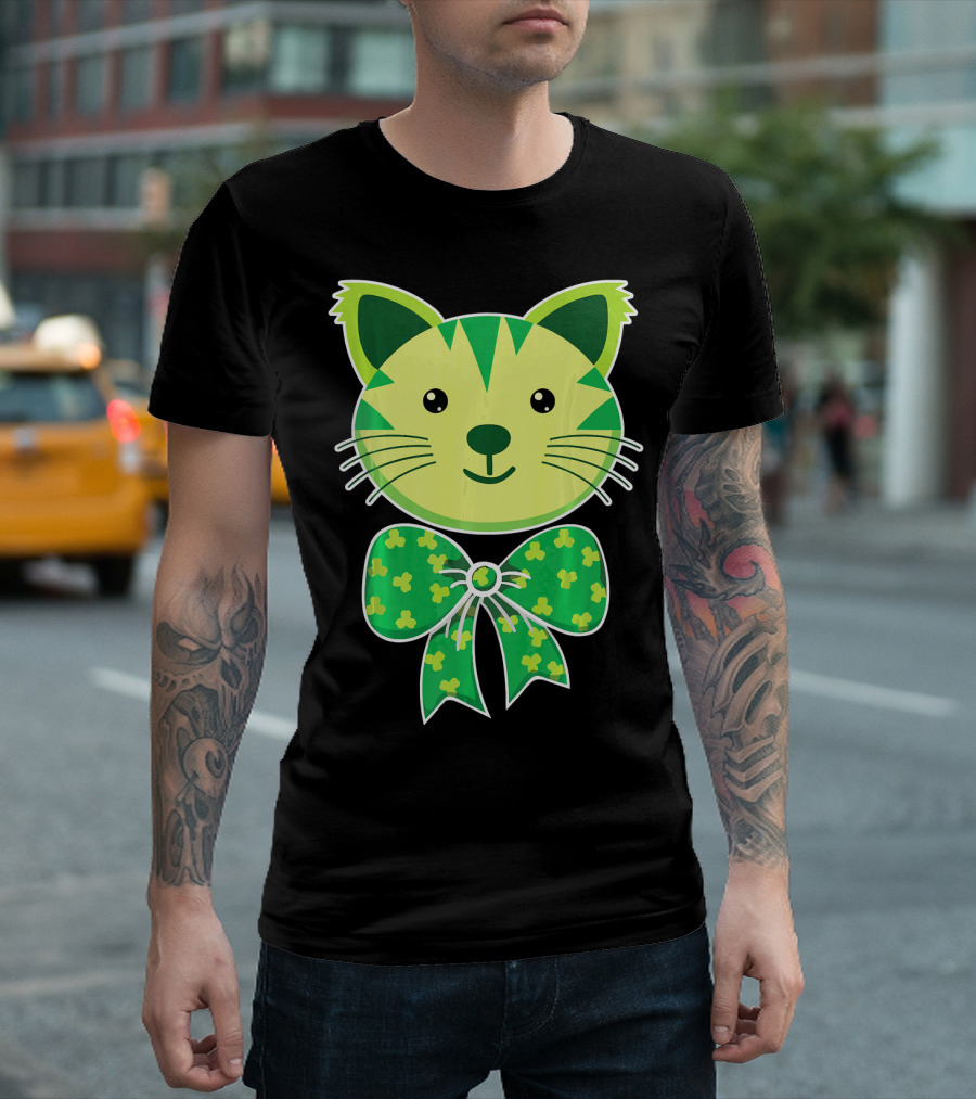 Kitten Bow Tie with Shamrocks as Cute St Patricks T-Shirt