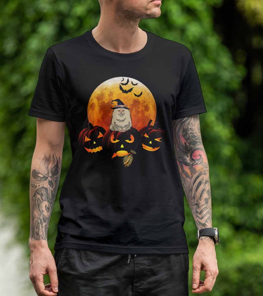 Norwegian Forest Cat Halloween Costume With Pumpkins And Full Moon T-Shirt